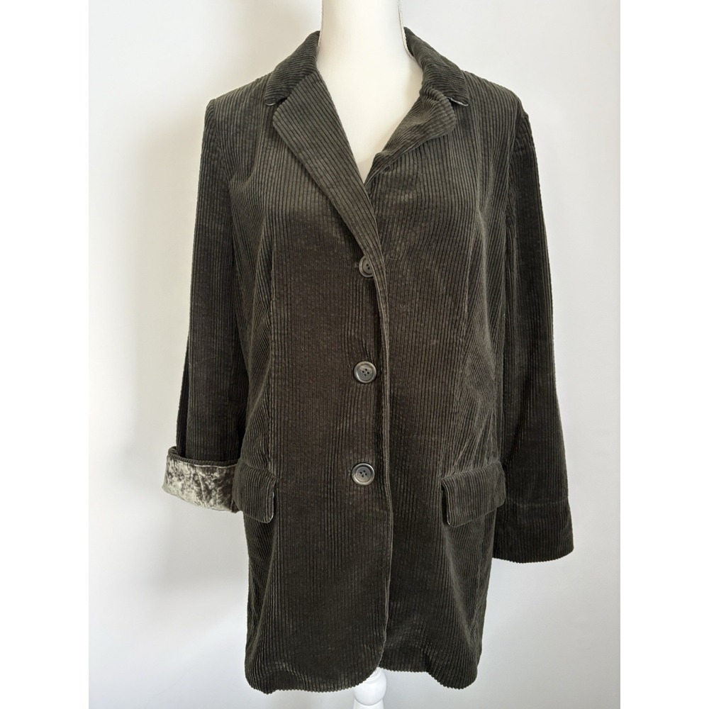 J. Jill Wide Wale Corduroy Jacket Velvet Trim Large Petite Green Barn Chore Coat